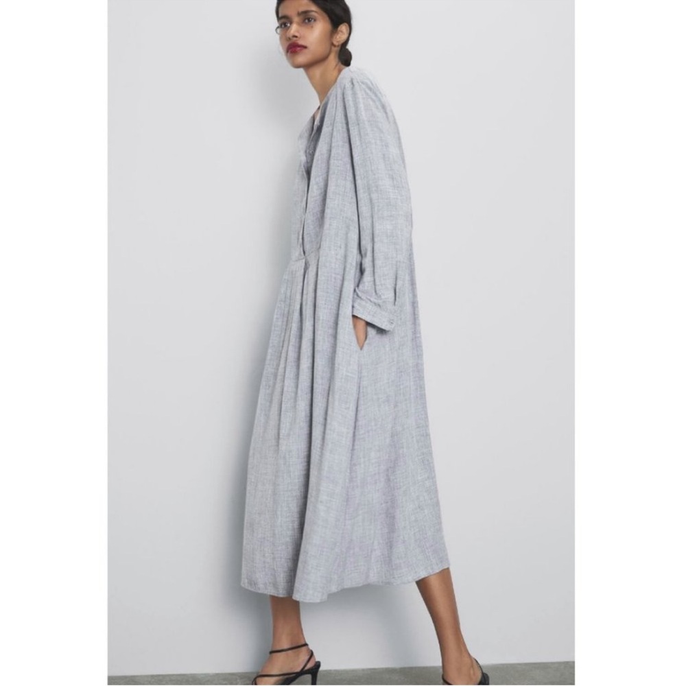 Zara Women's Limited Edition Collection Light Grey Linen Shirt Dress Size M - Picture 2 of 3